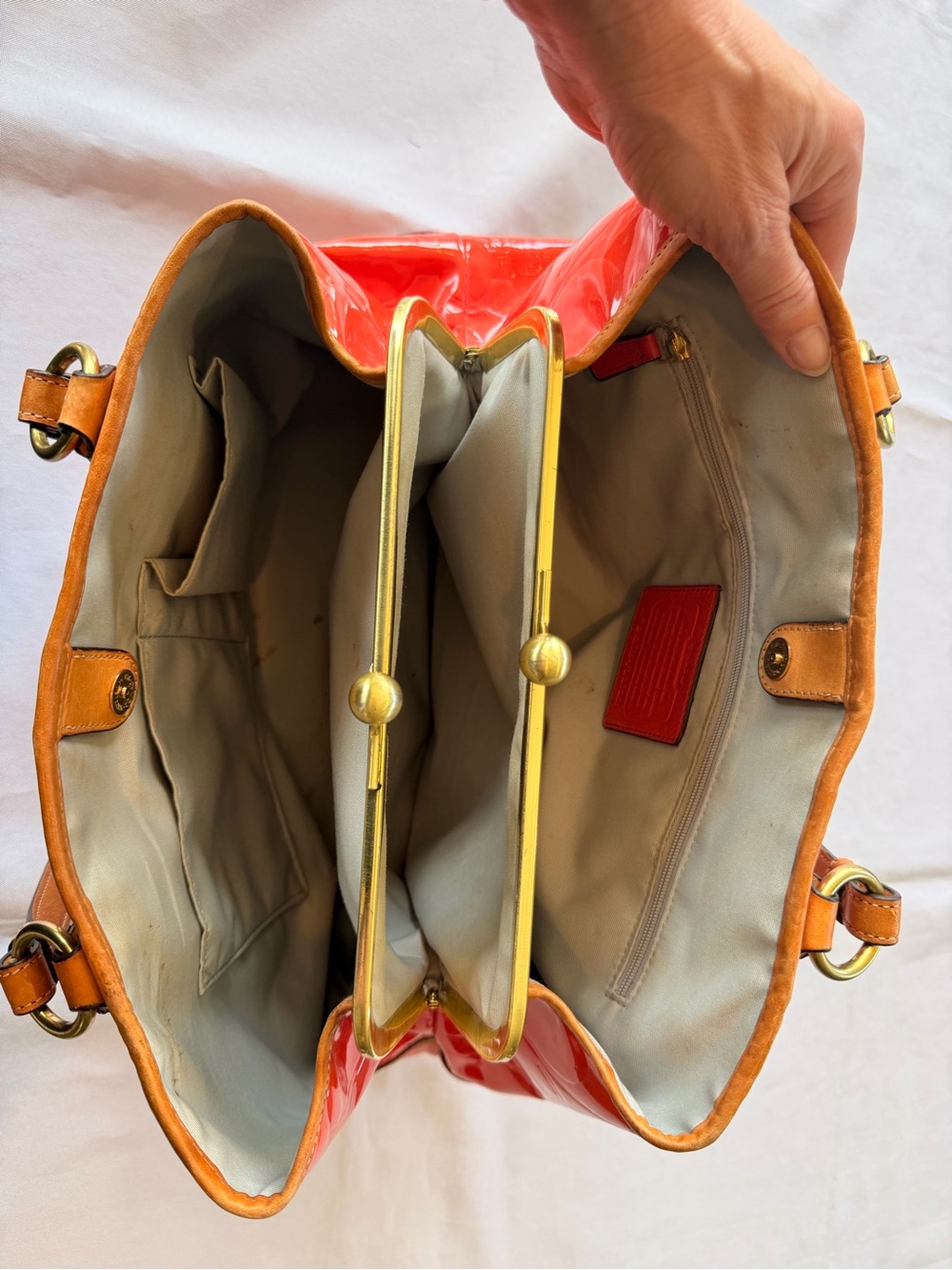 Coach Papaya Peyton Embossed Patent Leather Kisslock Orange Tote No F23722 - Picture 7 of 16